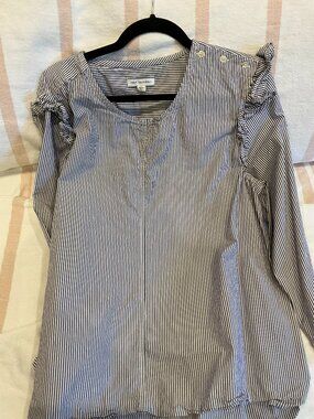 Free Assembly Navy & White Stripe Ruffle Shoulder Long Sleeve Blouse | XL